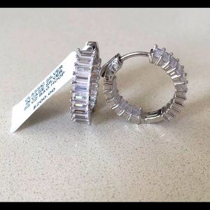 Cubic Zirconia Baguette Medium Hoop Earrings Sterling Silver